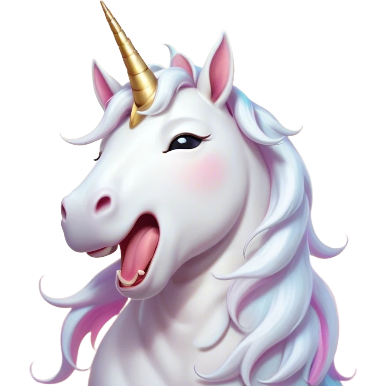 Cinematic Cute Yawning White Unicorn Portrait Emoji, Head tilted slightly with a dramatic, wide-open yawn, showcasing a softly elegant form with a gently cascading mane, a subtly glowing horn and sleepy, half-closed eyes, Simplified yet irresistibly adorable features, highly detailed, glowing with a soft, cozy magical glow, high shine, relaxed yet expressive, stylized with a dash of whimsical enchantment, soft glowing outline, capturing the essence of a drowsy yet affectionate white unicorn that appears ready to stretch and yawn its way out of the screen! emoji