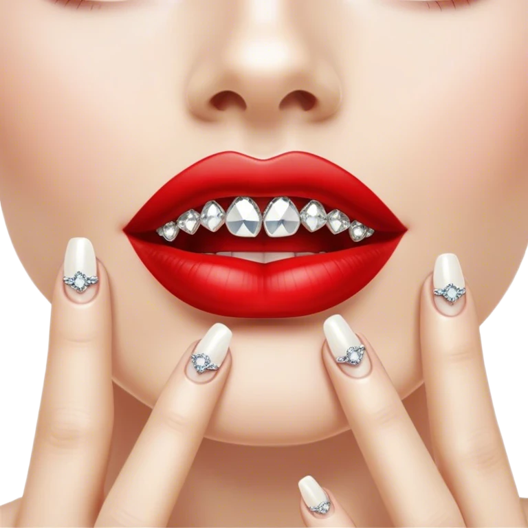 Glossy, bright red lips slightly parted. Inside, sparkling diamonds grillz. A long, elegant fingernail with a soft white shade. emoji