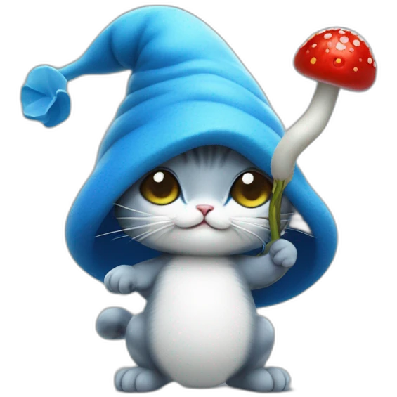 blue smurf cat with a white mushroom fungai hat also with berries on his back and a stick poking into the berries with a snail poked into it emoji