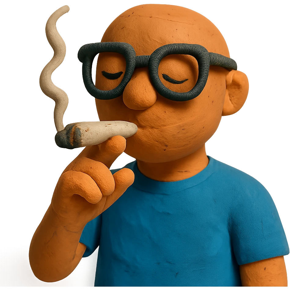 claymation style app character with black glasses smoking weed emoji