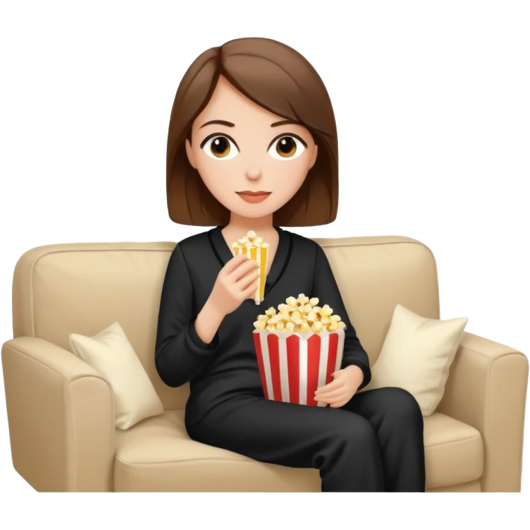 Stylish white woman with brown hair with makeup in black pyjama watching tv with popcorn on beige couch emoji