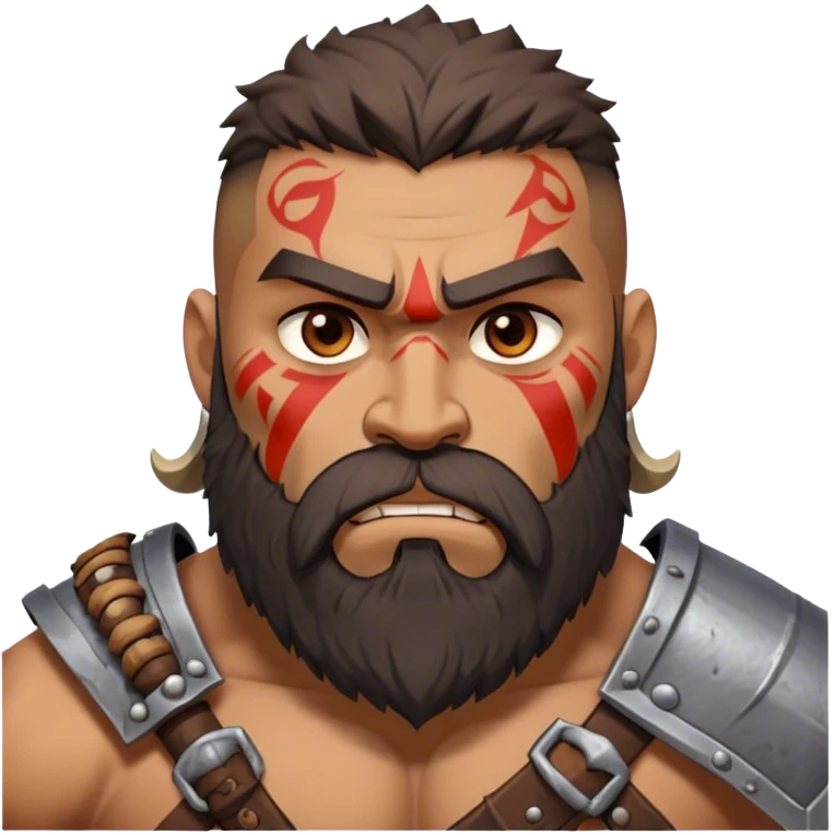Clash of Clans aesthetic: Cinematic Rugged Barbarian Portrait Emoji, Intense and formidable with a heavily muscled physique, a rugged beard, piercing eyes, and battle-worn armor adorned with tribal markings, his expression fierce and resolute, Simplified yet powerfully detailed features, highly detailed, glowing with a deep, primal energy, high shine, gritty and uncompromising, stylized with an air of raw, untamed power, focused and determined, soft glowing outline, capturing the essence of a barbarian warrior carved by countless battles and poised to lead his clan into epic conflict! emoji