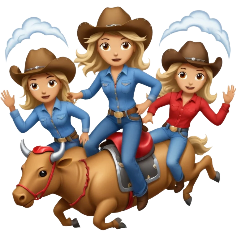 Three girls riding mechanical bulls in a tornado emoji