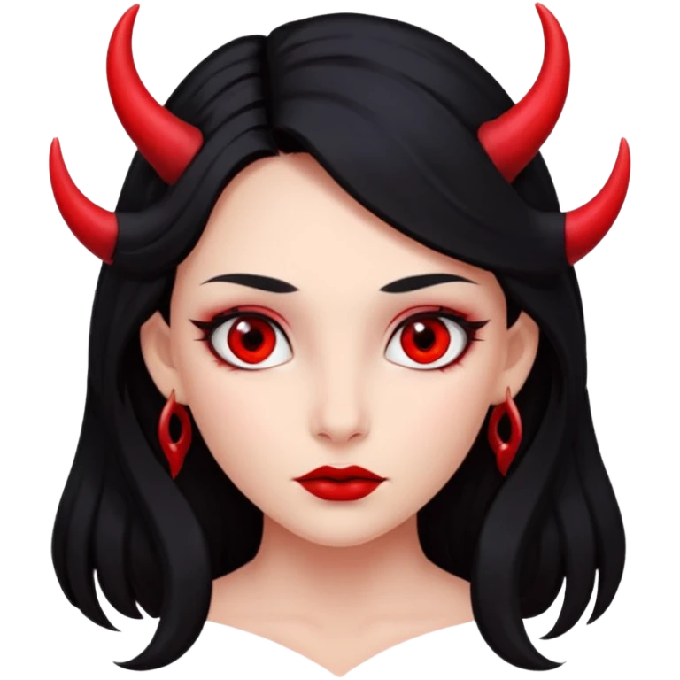 лицо девушки с скулами, с красной кожей, длинные черные волосы, небольшие красные рожки и красные глаза emoji