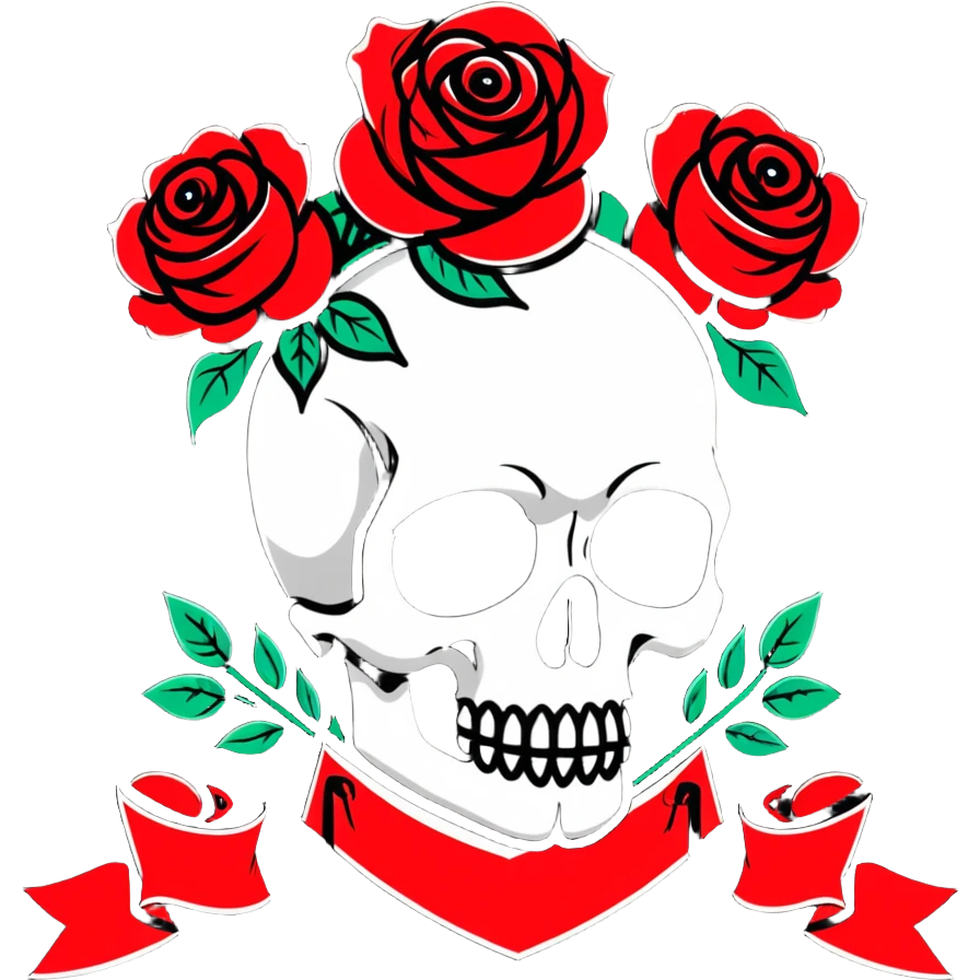 Traditional Americana tattoo art skull with bold outlines, red roses, and a banner emoji