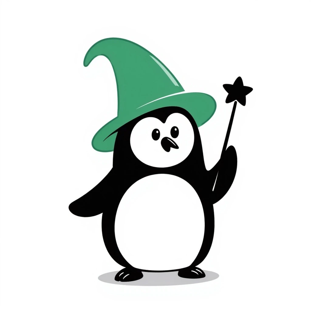 A penguin wizard with a green hat and a wand with a star, playful and sketchy emoji