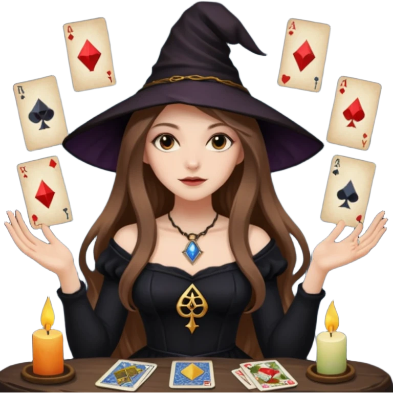 dark witch girl with long light brown hair and Tarot cards emoji