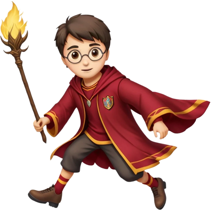 Cartoon-style illustration of Harry Potter flying on a broomstick, Gryffindor red and gold outfit, expressive face, dynamic motion, magical vibe, smooth shading, vibrant colors, no background, transparent background, isolated character. emoji