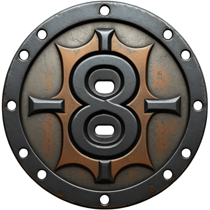 Minimal emoji, gothic metal coin made of black steel, engraved number 8 at the center, ancient industrial aesthetic, worn metal texture, no glow, no neon, flat emoji design, centered, transparent background emoji