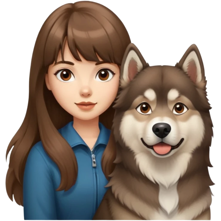 A beautiful Caucasian girl with brown blunt bangs and big wavy hair, and a brown Alaskan Malamute dog. emoji
