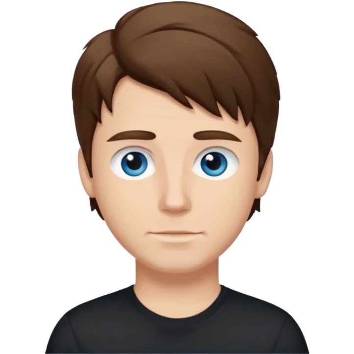 White Male, brown hair, blue eyes, black t-shirt, hair in a queef emoji