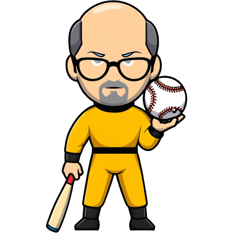 Steve Jobs with glasses and black turtleneck under Bruce Lee yellow jumpsuit, holding baseball bat and ball emoji