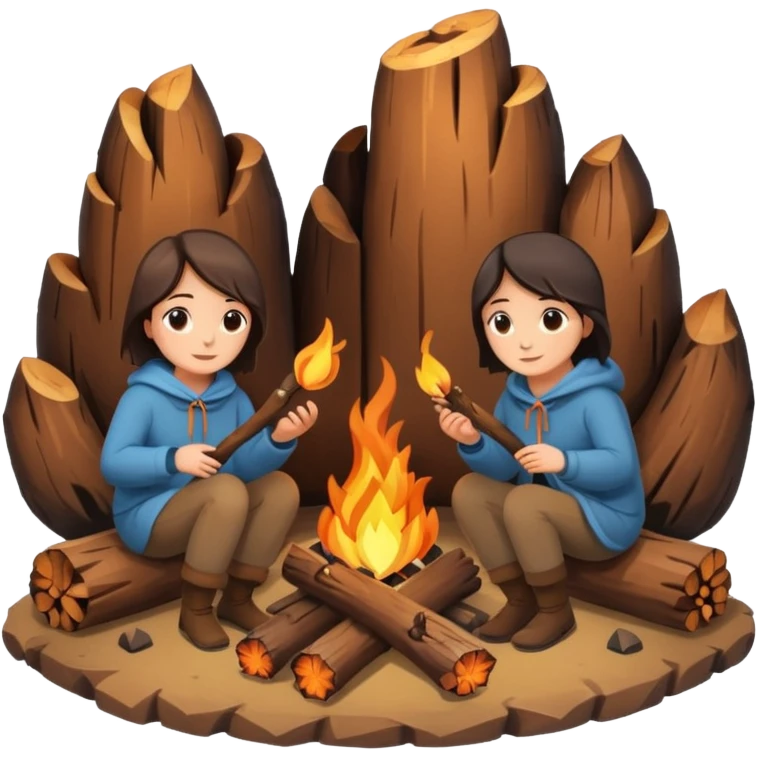 A cozy campfire emoji with two logs and glowing embers, with subtle human silhouettes sitting around. Warm tones, minimal flat emoji style, white background. emoji
