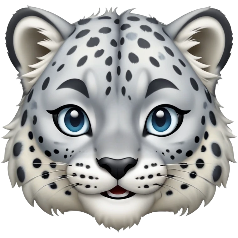 Cinematic-Comical-Snow-Leopard-Portrait-Emoji – Head tilted dramatically with an exaggeratedly amused expression, featuring a thick, spotted white-and-grey coat with a dense ruff around the neck, wide, piercing icy blue eyes filled with playful disbelief zoomed out showing the shoulders emoji