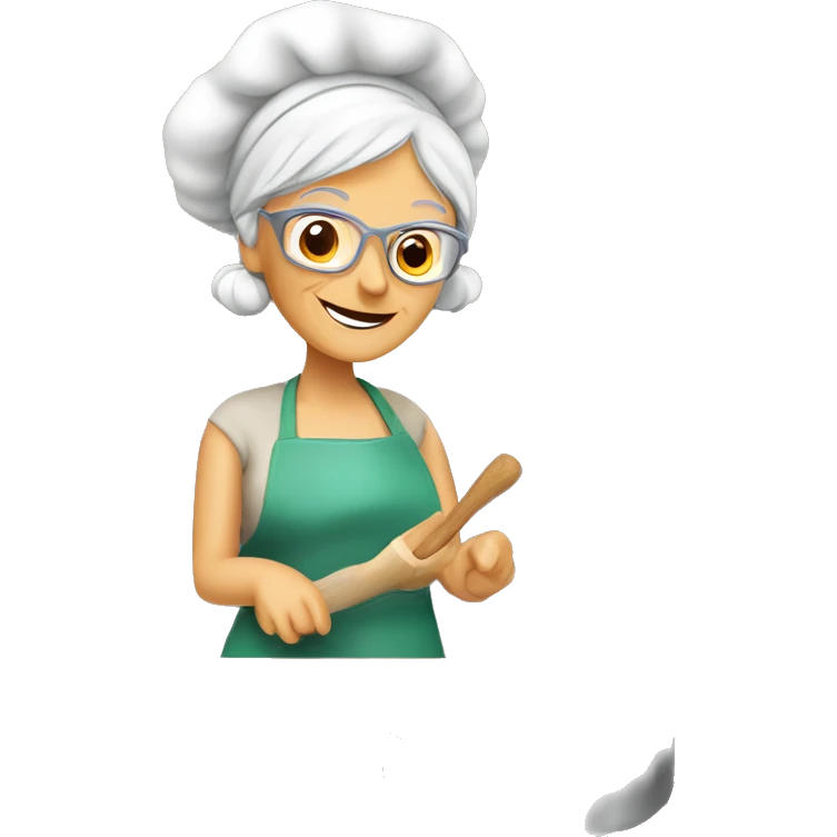 Cute cartoon Italian woman looking grandma cooking marshmallows in kitchen emoji