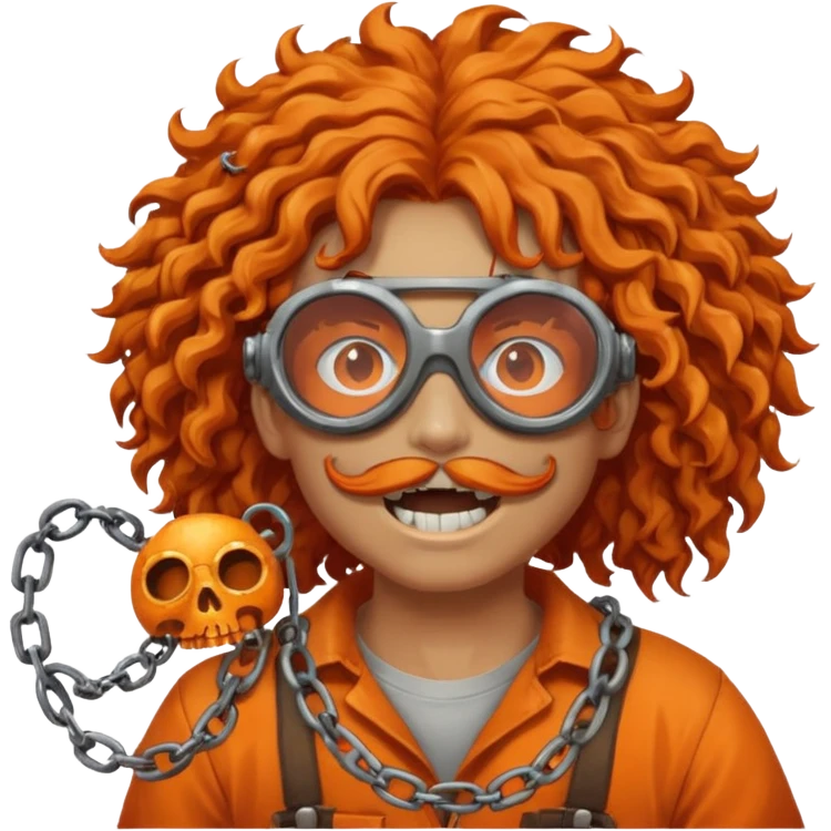steam-punk Megadeth iconic skeleton mascot with a rusty chain in his teeth, huge curly orange hair emoji