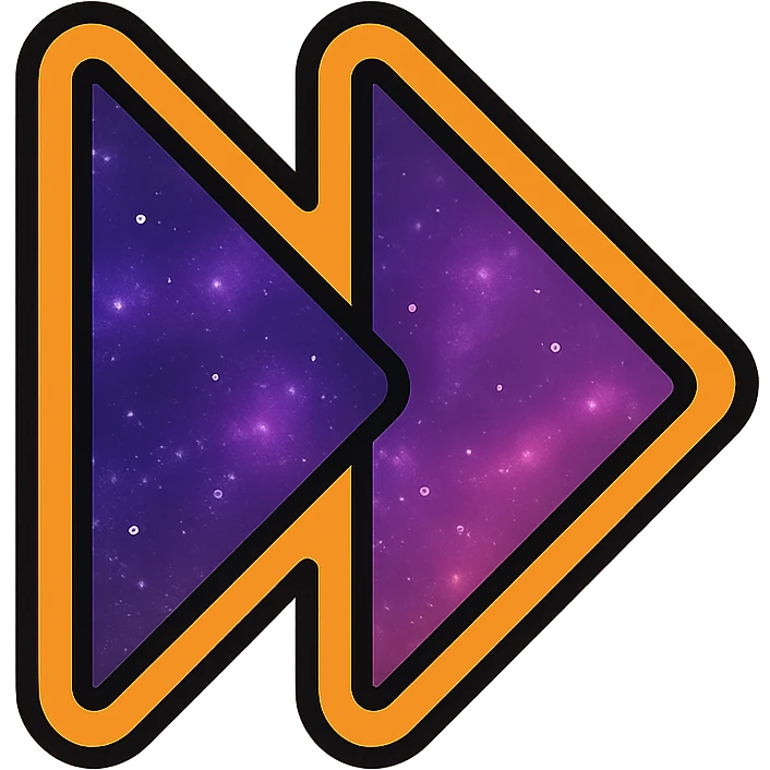 previous song icon, two left-pointing triangles filled with galaxy in purple and pink, neon orange glowing border emoji