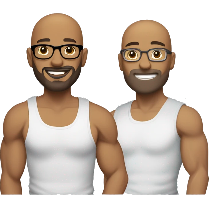 two gay male couple, one of them is a bald, light skin man, with muscled body, tall, with glasses, and the other one is shorter, with darker skin, also  muscled, with long hair in a ponytail, and hairy body, both have a light beard emoji