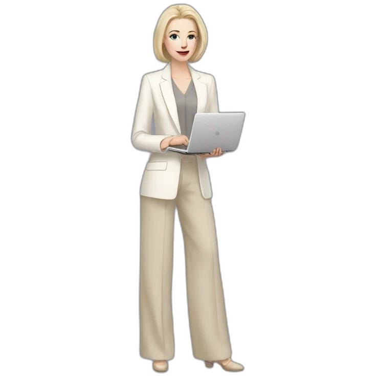 pale skin woman with ash blonde Straightened bob Hair, White Spacious classical jacket, beige palazzo Arrow pants and gray blouse holding a MacBook in the hands emoji