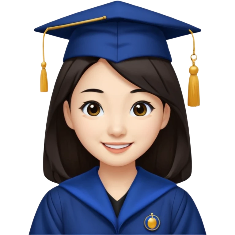 带着学士帽的，深棕色长发，黄种偏白皮肤的，高鼻梁，不戴眼镜的女博士生，在单只眼眨眼并开朗的笑，年龄26岁，学士服全身深蓝色短绒质地，但是黑领子， emoji