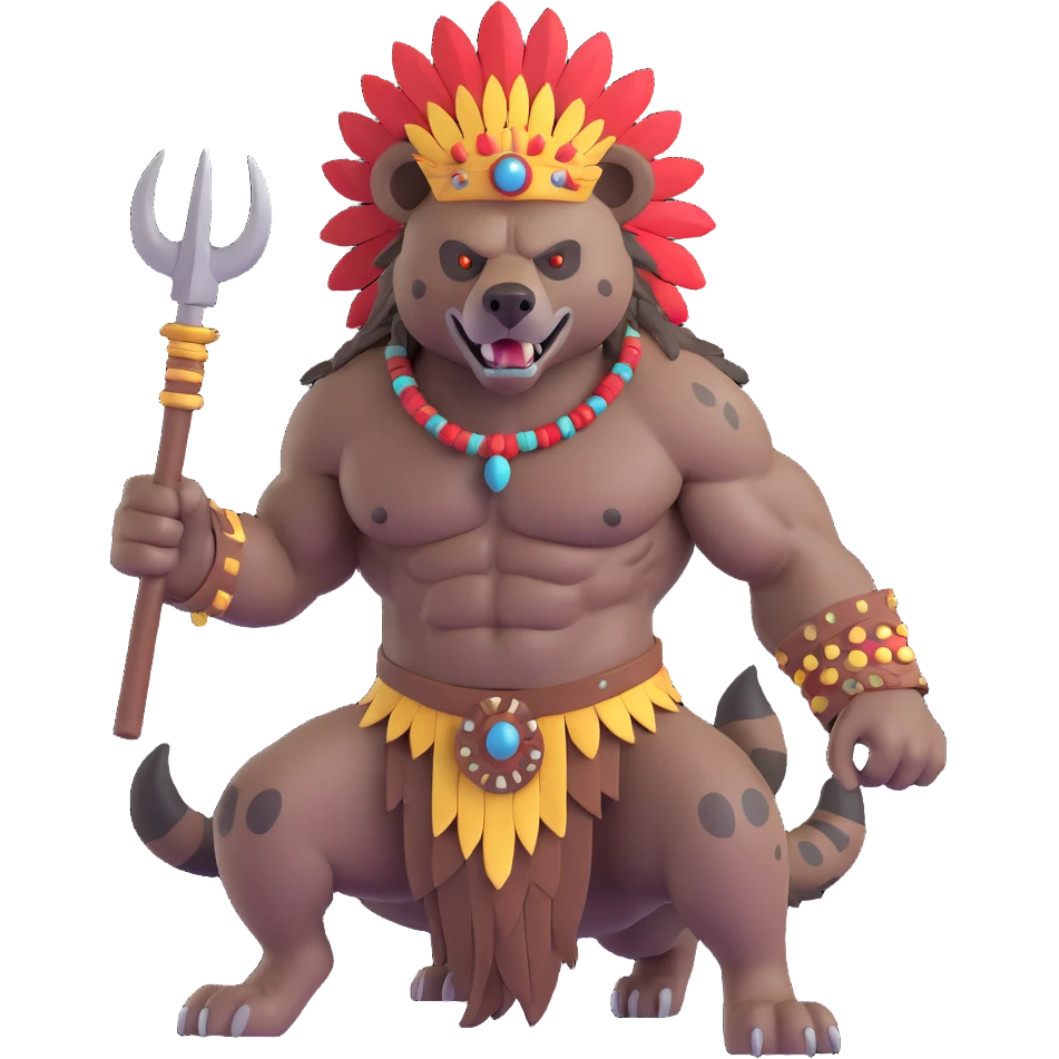 A native strong buff hyena with war bonnet flexing posing full body holding a chopped off human head by the hair  emoji