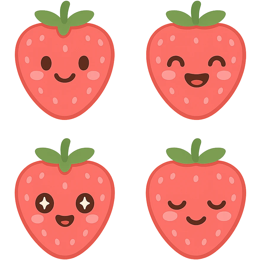 A series of illustrations stawberry in a kawaii emoji style, with detailed shading and highlights, thin clean outlines, soft and rounded features. Pastel color palette using  #FF5B5B, #CE4C4C,#CE4C4CThe style is inspired by modern Japanese pop art and sticker aesthetics. Highly detailed, vector clarity, soft lighting and subtle shadows. Transparent background without background. emoji