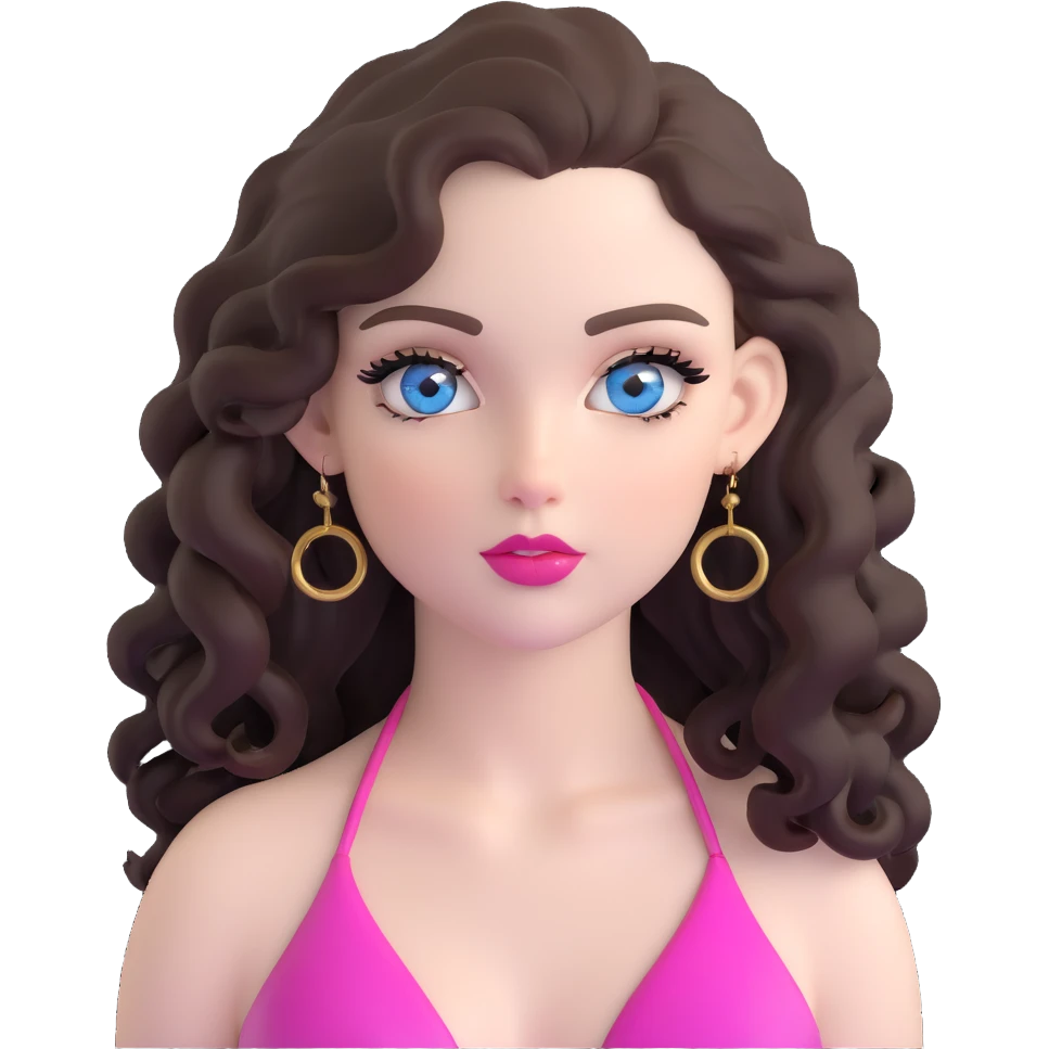 beautiful girl with big blue-grey eyes, long lashes, pale skin, pink lips, long voluminous dark brown curls, confident expression, gold hoop earrings, silky revealing halter top emoji