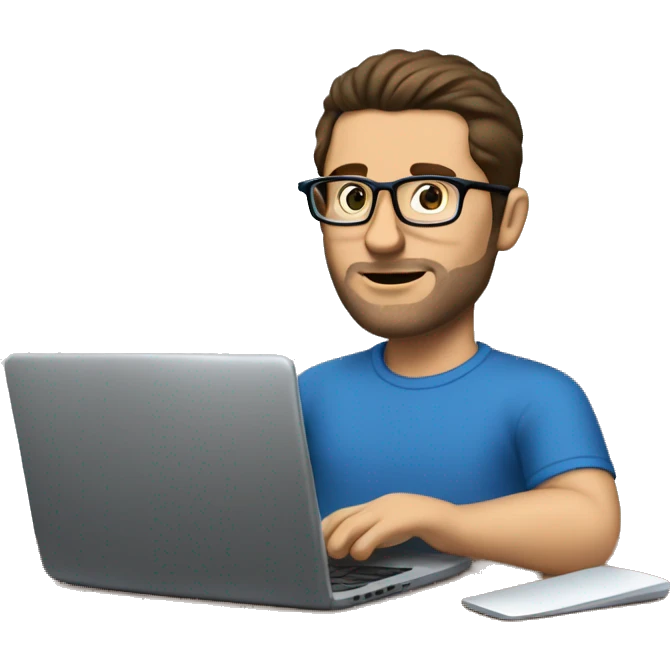 white guy with no beard dark brown hair brad pit style and square glasses typing in laptop wearing blue t-shirt working in call center emoji