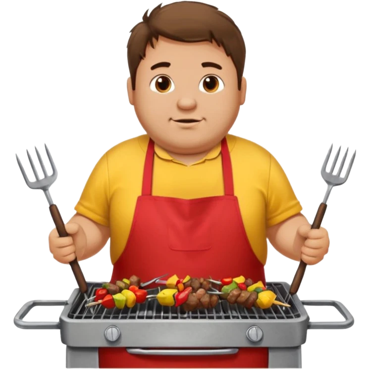 chubby man messy hair and dirty yellow shirt and a red apron grilling bbq and skewers on a sizzling grill emoji