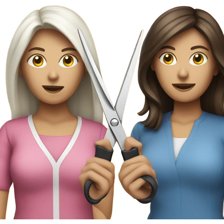two brunette women holding a pair of scissors between them emoji