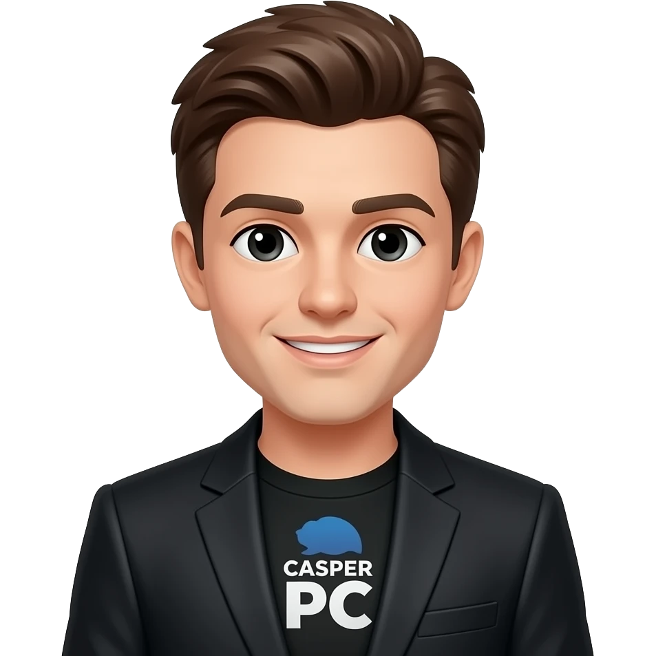 brown hair and eyes black suit jacket black pullover casper pc logo emoji