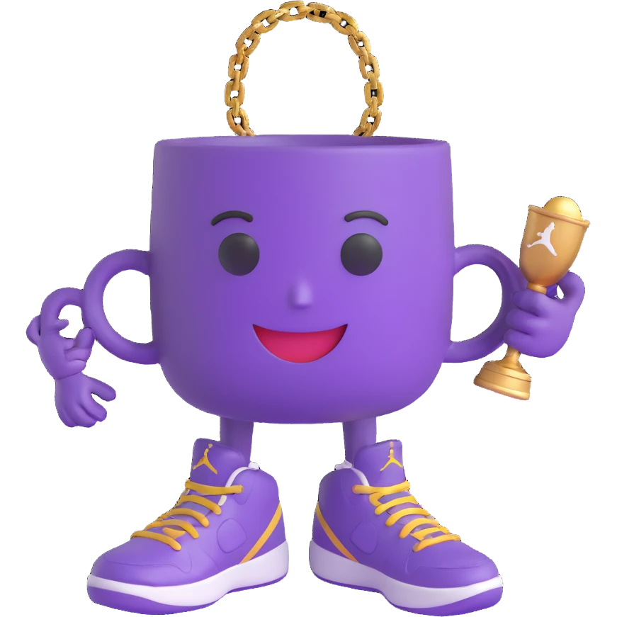 Change the cup to purple while keeping the 3D cartoon style. Maintain the friendly face, arms, gold chain, and Jordan sneakers. No background. emoji