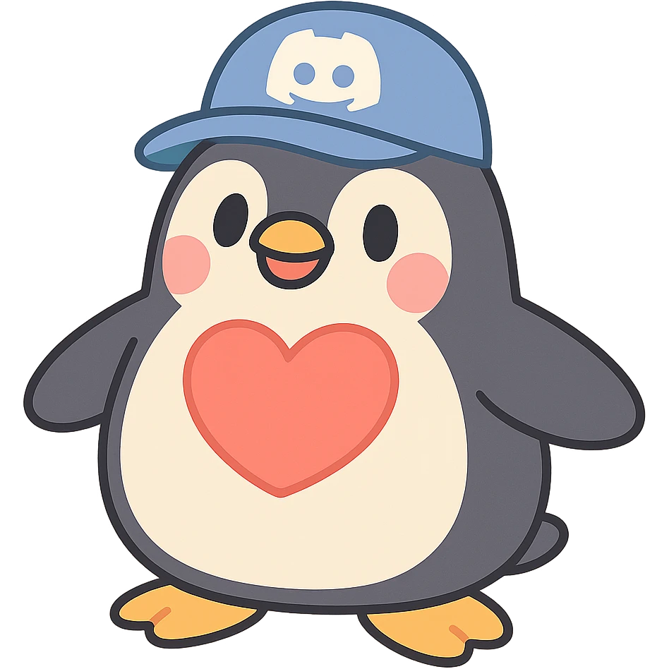 chubby penguin wearing a Discord logo hat with a large red heart on its chest in pastel-toon style emoji