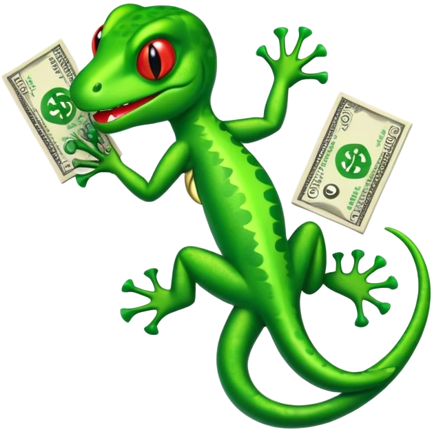 green gecko throwing up green money and dollar signs emoji