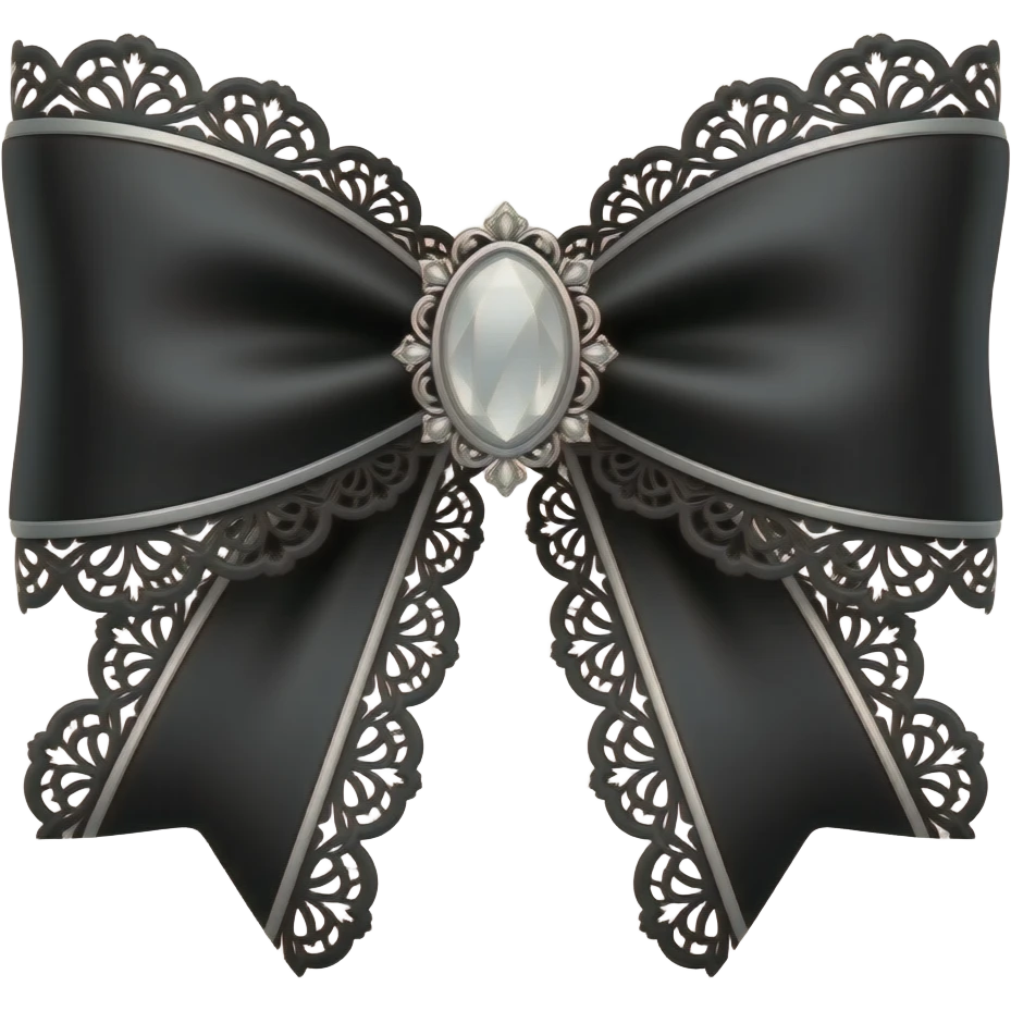3D emoji gothic bow, black velvet, silver filigree, black lace trim, white gem, elegant emoji