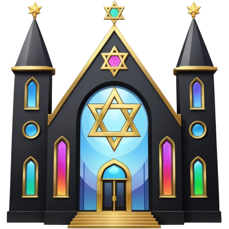 jewish synagogue temple in dark goth aesthetic style with black building and very light tint glass windows that are rainbow if looked at together. and star of david and celestial symbolism emoji