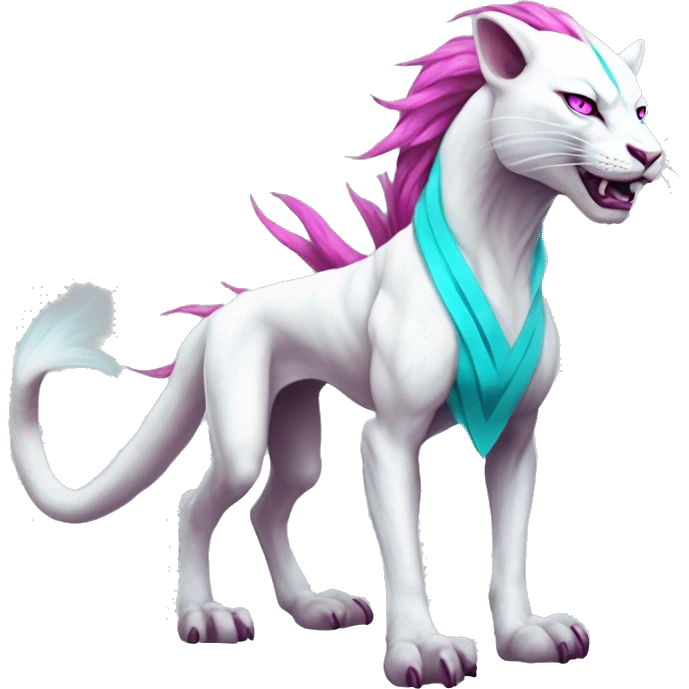 White elegant beautiful natural cute badass epic anthro modern albino vernid-Fakémon with cyan mane and magenta eyes with cyan edgy stripes, full body emoji