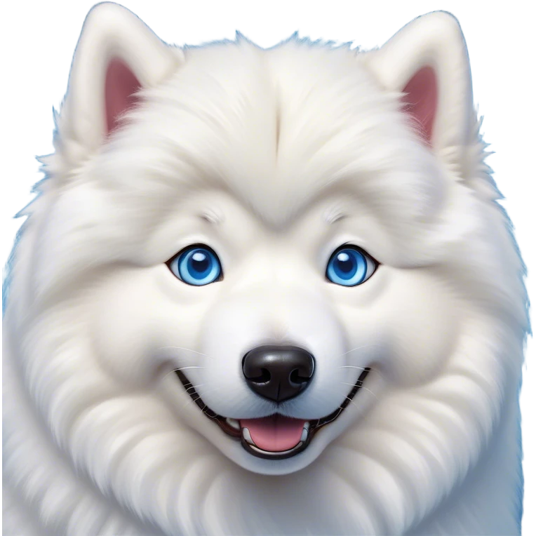 Cinematic Comical Samoyed Portrait Emoji, Head tilted dramatically with an exaggeratedly amused expression, featuring a striking, fluffy white Fur with a radiant sheen, wide, expressive blue eyes filled with playful disbelief, Simplified yet hilariously expressive features, highly detailed, glowing with a slightly sassy glow, high shine, dramatic yet playful, stylized with an air of cheeky mischief, bright and endearing, soft glowing outline, capturing the essence of a spirited and over-the-top companion, so meme-worthy it feels like it could side-eye its way into internet fame instantly! emoji