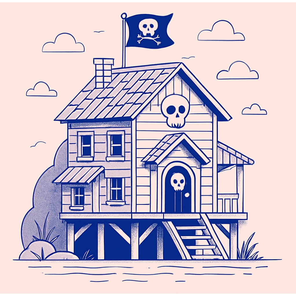 old pirate's house with skull flag emoji