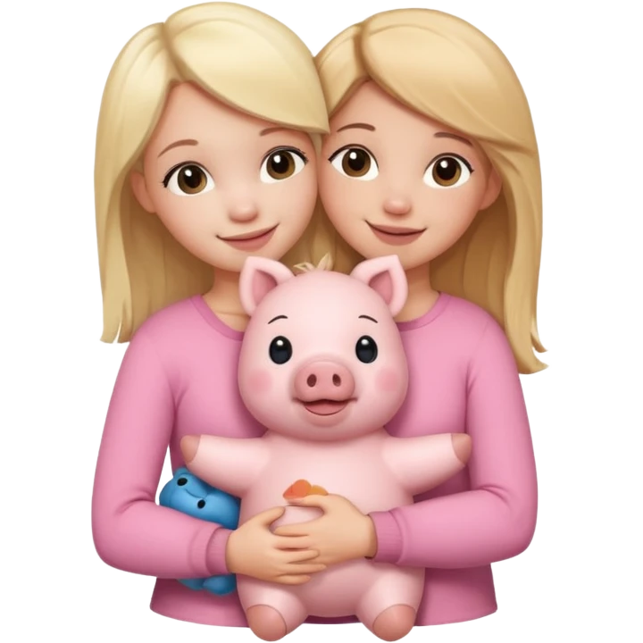Girlfriends, one blonde and one brunette, hugging each other with a teddy bear and a little pig emoji