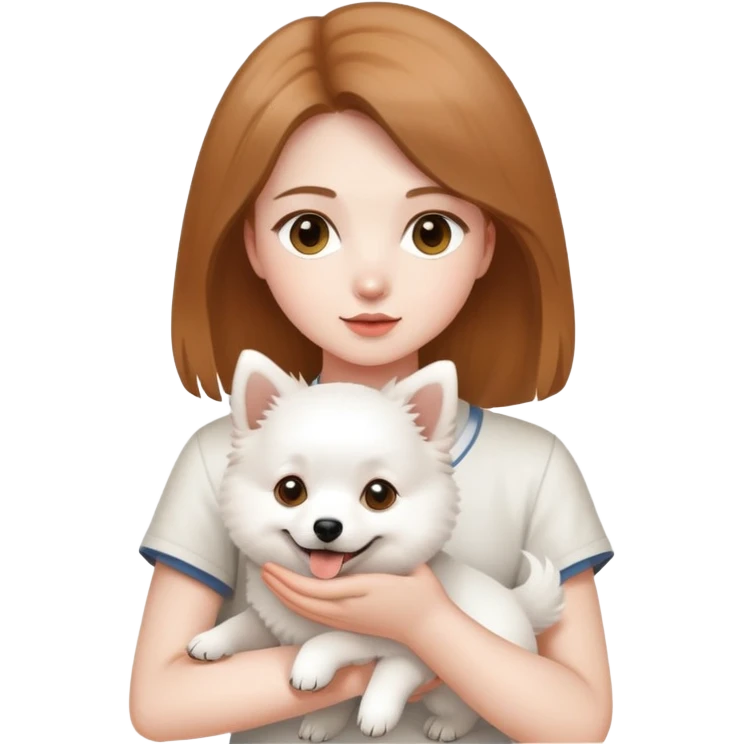 light brown hair girl with pale skin holding a white Japanese spitz dog emoji