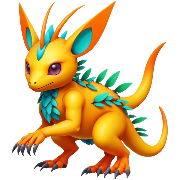 Tropical futuristic lush warm-colored modern colorful neon-colored cyber-Fakémon-Digimon-Trico-creature emoji