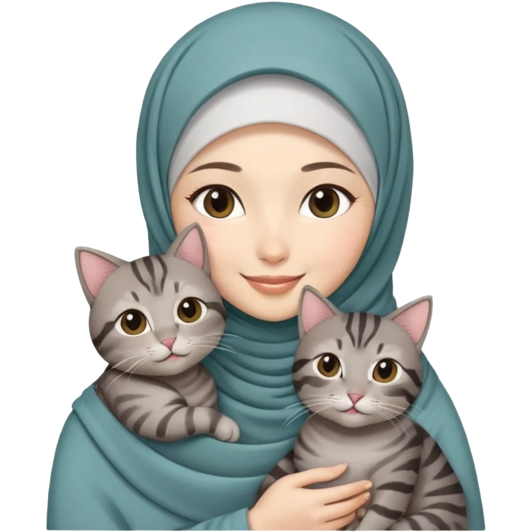 Asian white girl wearing hijab with dress holding a black grey tabby cat while smiling emoji