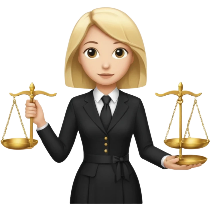 woman lawyer blanche et blonde avec des cheveux mi-long; elle est habillée avec une longue robe noire et une cravate blanche; elle soutient fièrement la balance de la justice  emoji