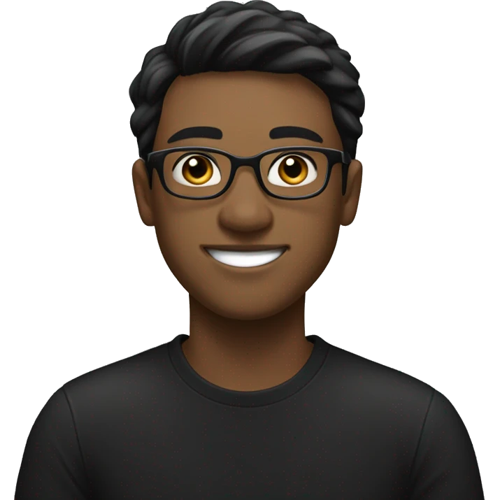 young man with a ivory white and a friendly, confident smile. He has short dark hair and is wearing round glasses. He's dressed in a plain black t-shirt and has his arms crossed emoji