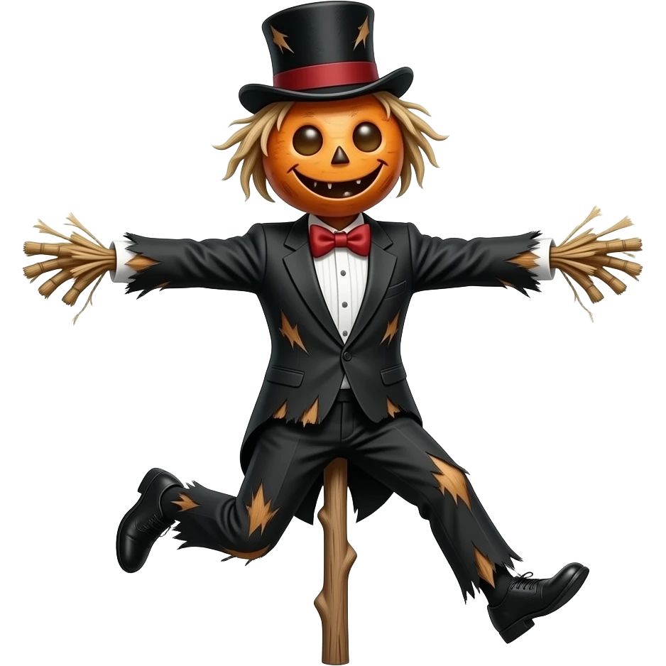 a tall scarecrow with a weathered, smiling turnip for a head, topped with a battered black top hat and featuring glowing button eyes. He is dressed in a tattered yet formal black tuxedo with a red bow tie, all balanced on a single wooden pole used for hopping. emoji