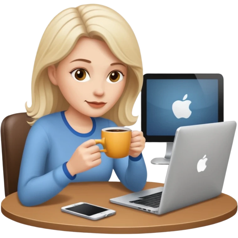 mujer blanca tomando cafe y con un computador sentada en una mesa  emoji