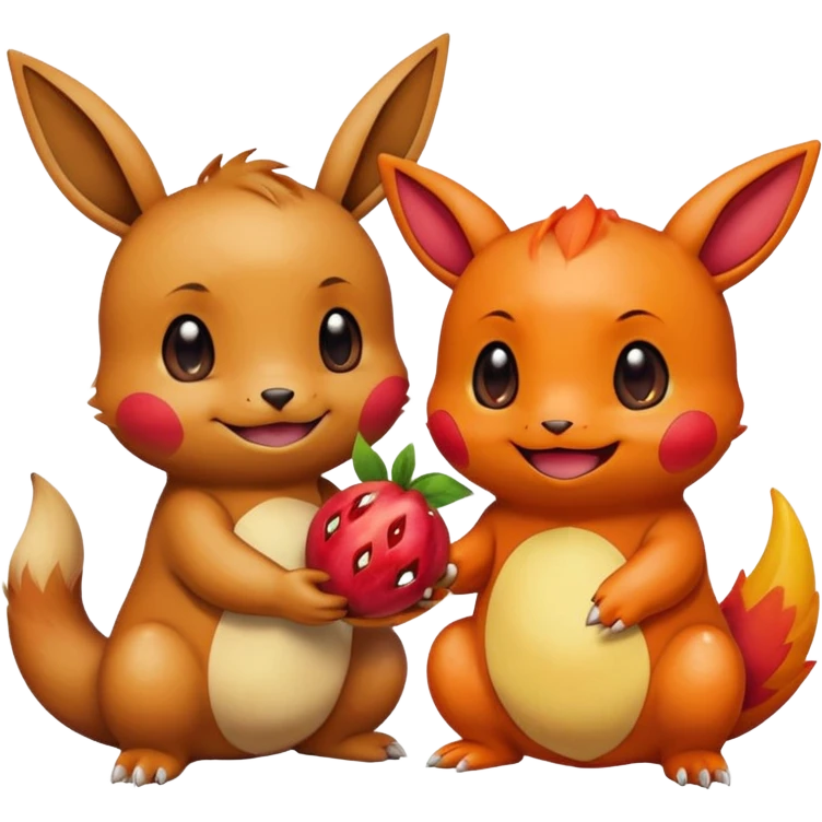 Eevee and Charmander sitting side by side, happily sharing a big fruit together. Both look joyful and friendly, drawn in a playful emoji-like cartoon style. emoji