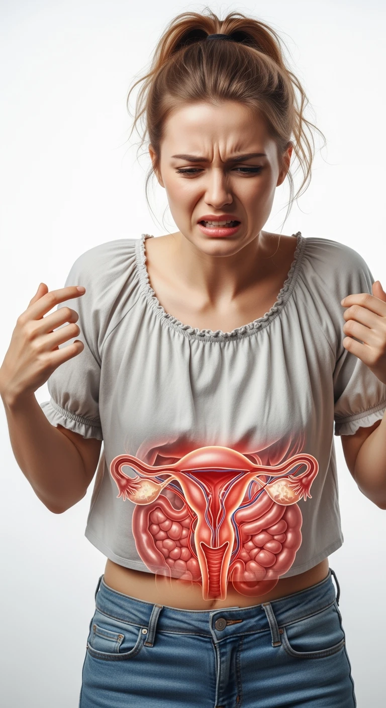 donna vestita casual realistico con utero umano anatomico in evidenza, dolore in volto
, IPERREALISTICO 4K, sfondo bianco emoji