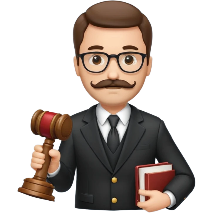 “Create a clean, modern emoji-style illustration of a male lawyer. He is wearing a formal suit jacket. He is holding a judge’s gavel in one hand and has a law book tucked under his arm. He has a mustache and beard!, and he is wearing glasses. emoji